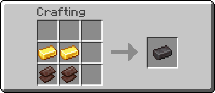 Netherite Ingot Recipe A Minecraft Crafting Table GUI grid of 2 gold ingots and 2 netherite scraps placed to craft a Netherite Ingot.