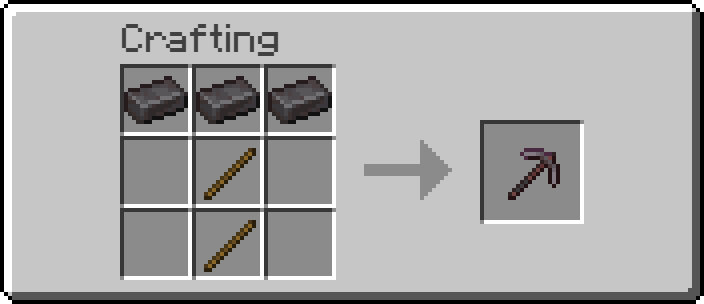 Netherite Pickaxe A Minecraft Crafting Table GUI grid of 3 netherite ingots and 2 sticks placed to craft a Netherite Pickaxe.