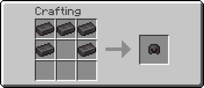 Netherite Helmet Recipe A Minecraft Crafting Table GUI grid of 5 netherite ingots placed to craft a Netherite Helmet.